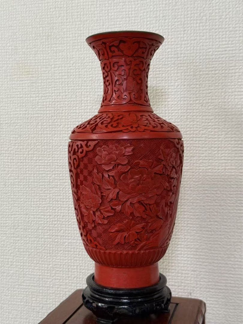 堆朱漆彫り花瓶 中国美術 彫刻 花瓶彫漆 花瓶（花の彫刻） 年代物 美品 　箱付