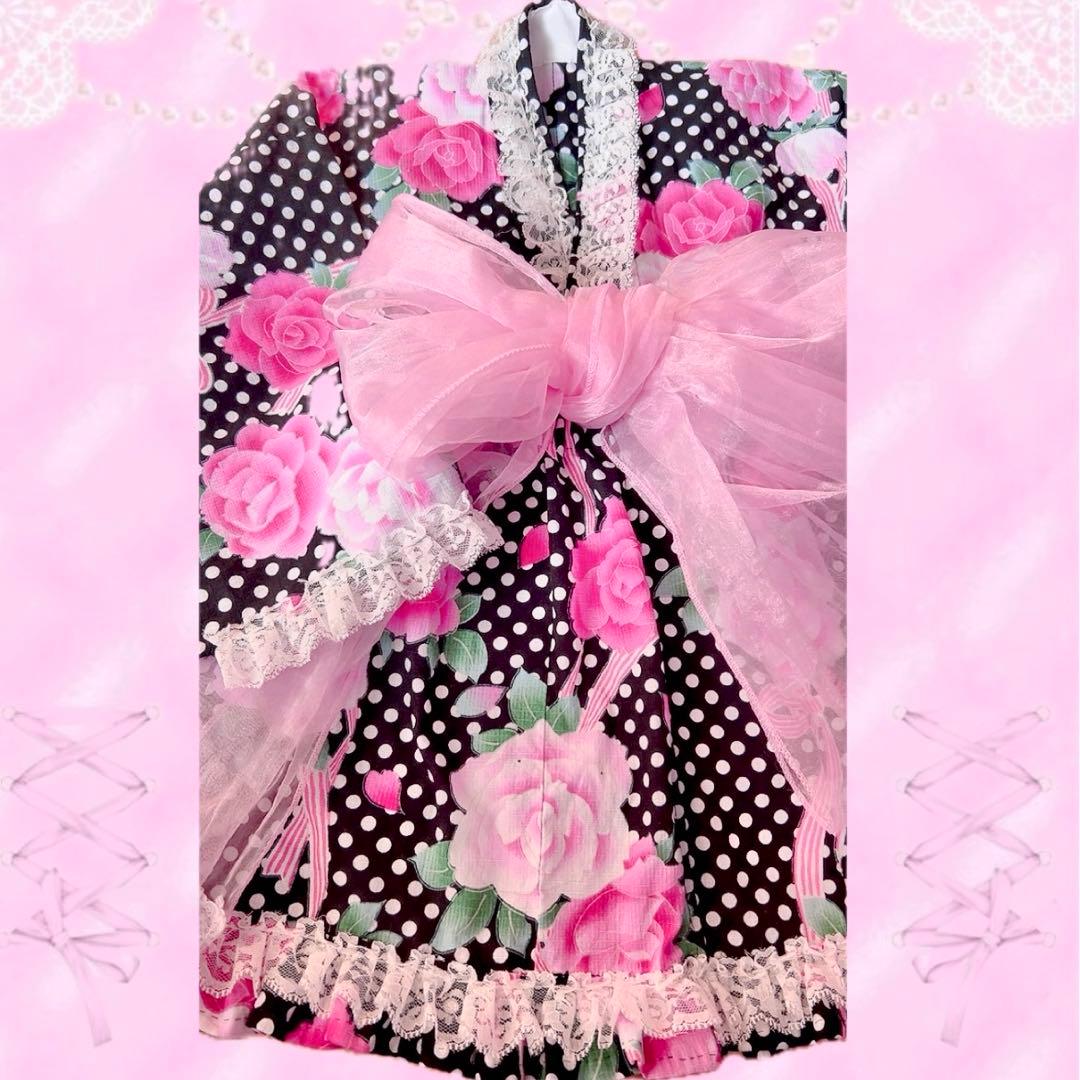 浴衣ドレス♡黒ピンク♡バラ柄リボン♡リメイク150160MLドットスカート