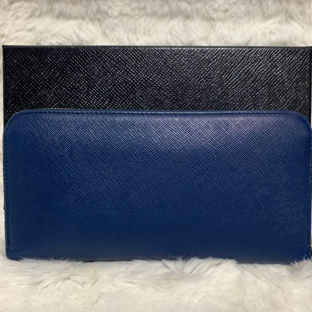美品　PRADA 長財布　サフィアーノ　リボン　ラウンドジップ　ネイビー