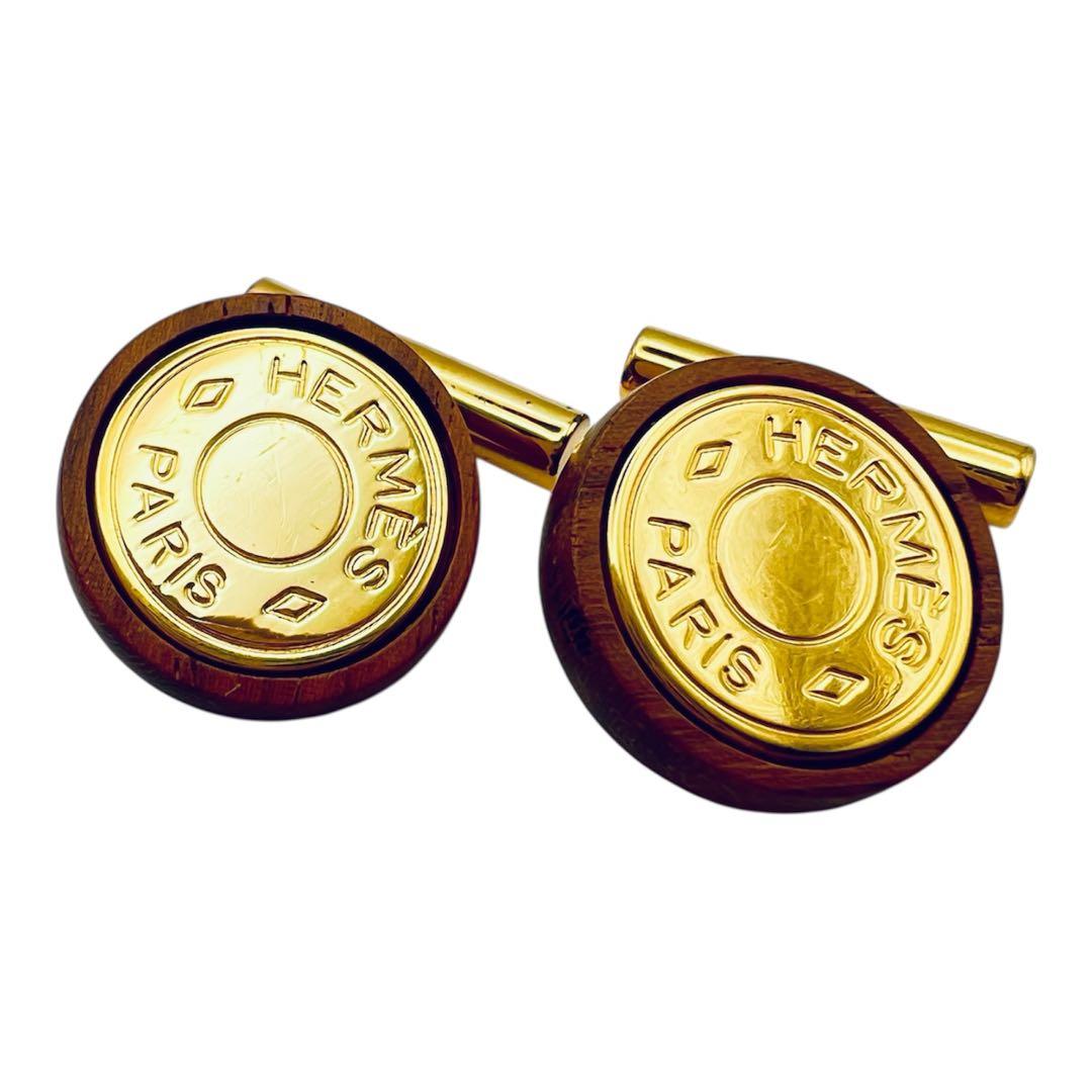 エルメス　セリエ　ウッド　メタル　ゴールド　カフス　カフリンクス