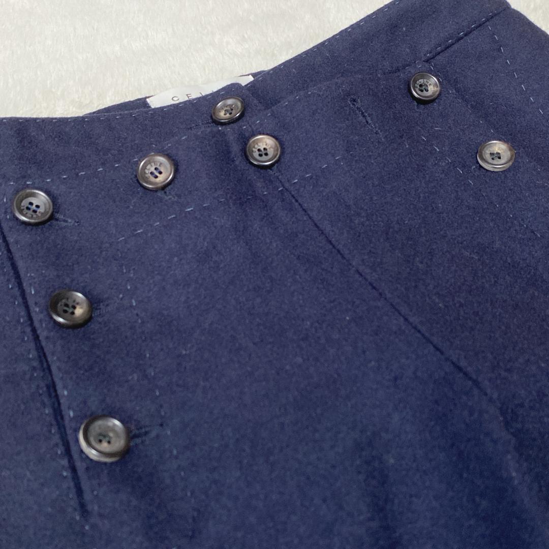 DO0023【セリーヌ】ワイドパンツ【36】カシミヤ混 ボタンオープン ネイビー