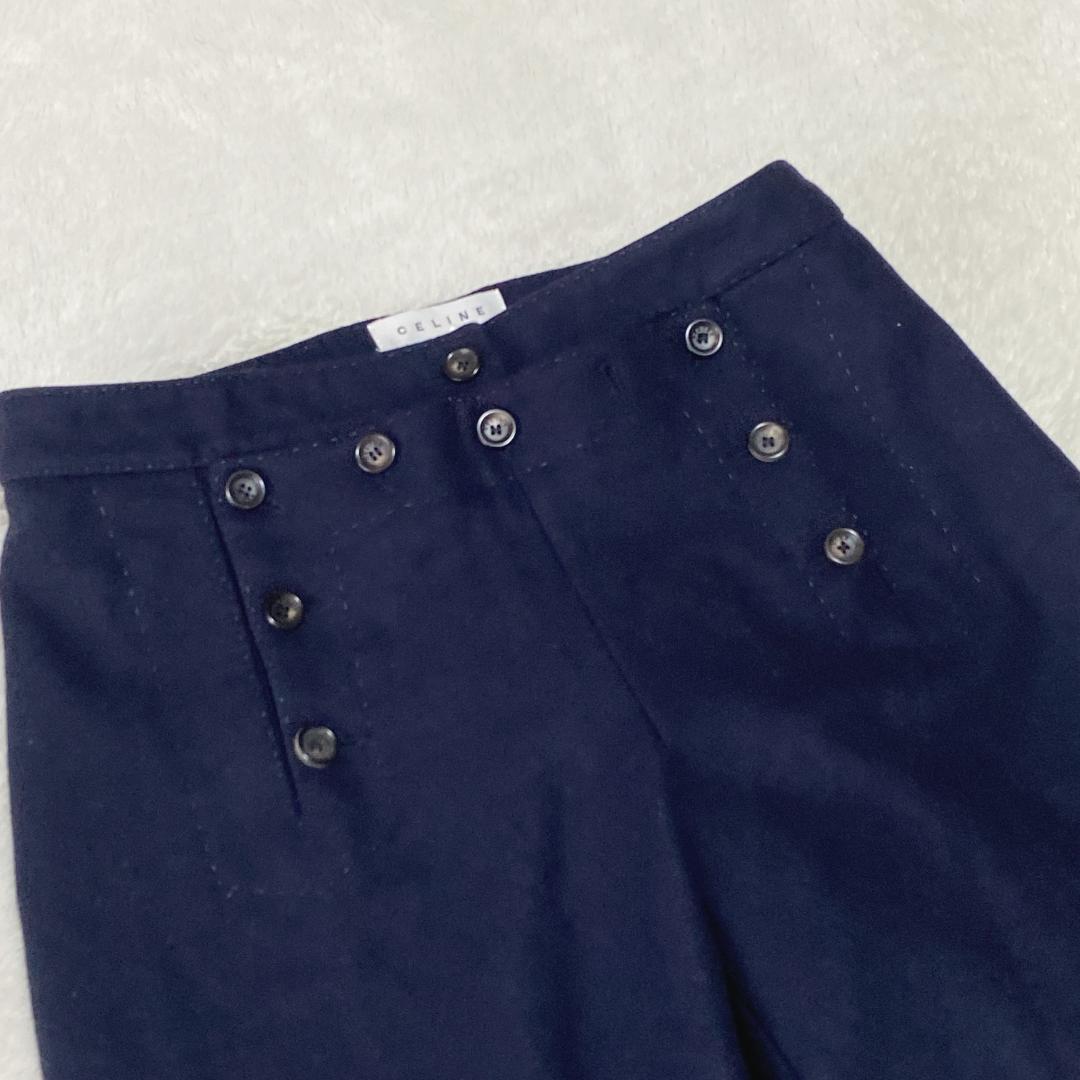 DO0023【セリーヌ】ワイドパンツ【36】カシミヤ混 ボタンオープン ネイビー