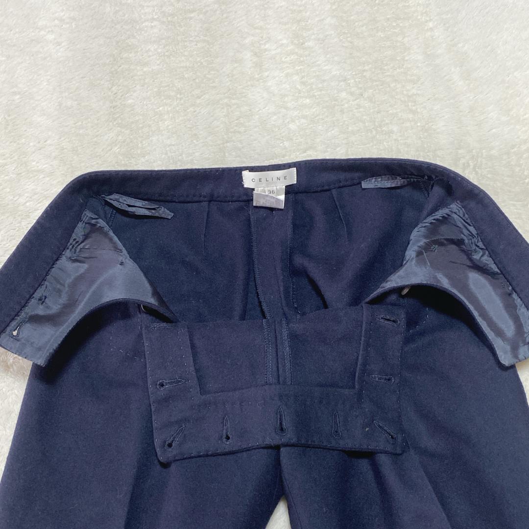 DO0023【セリーヌ】ワイドパンツ【36】カシミヤ混 ボタンオープン ネイビー