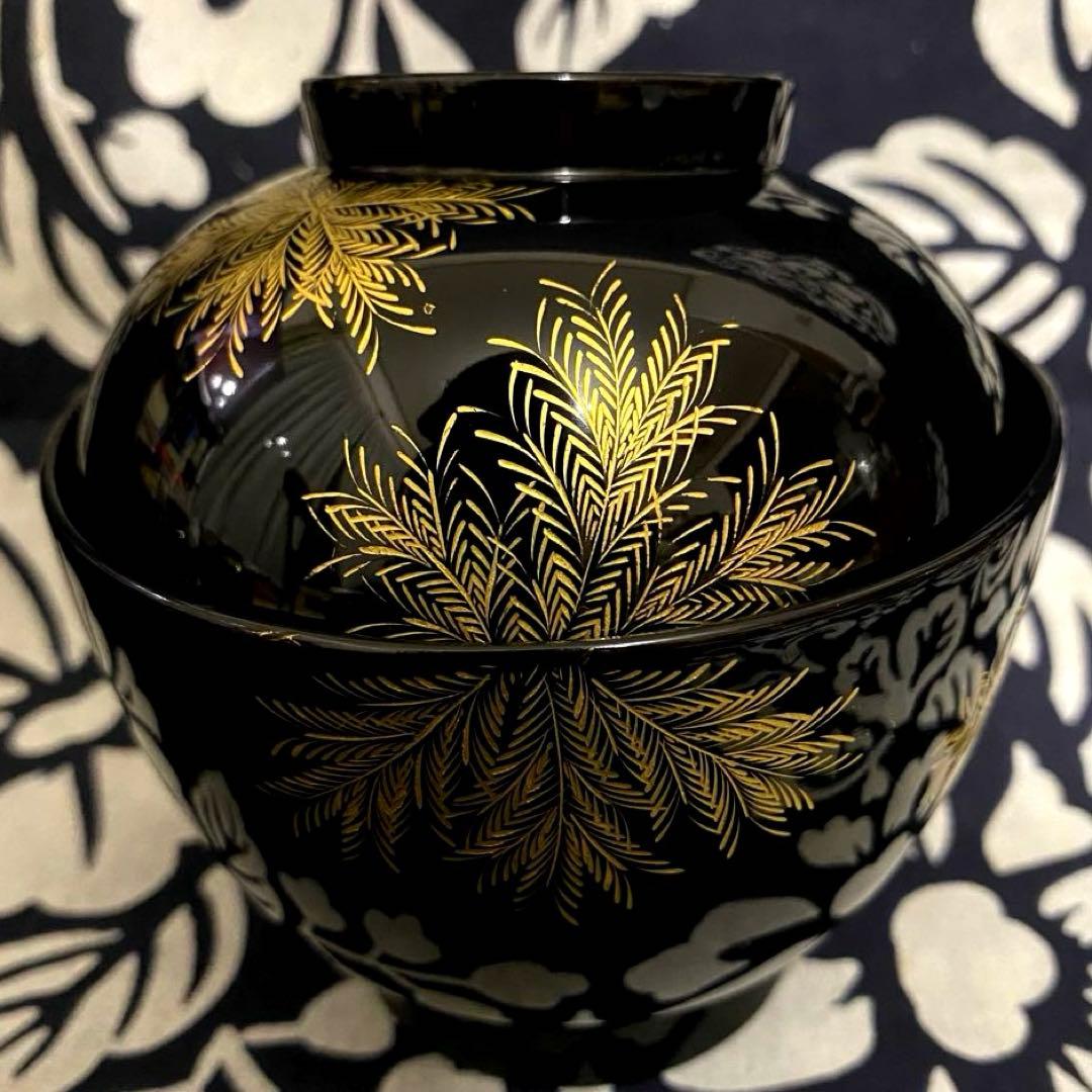 輪島塗　忍紋沈金　木製吸物椀　五客組　共箱有り　高級漆器　羊歯紋　雑煮椀・煮物椀