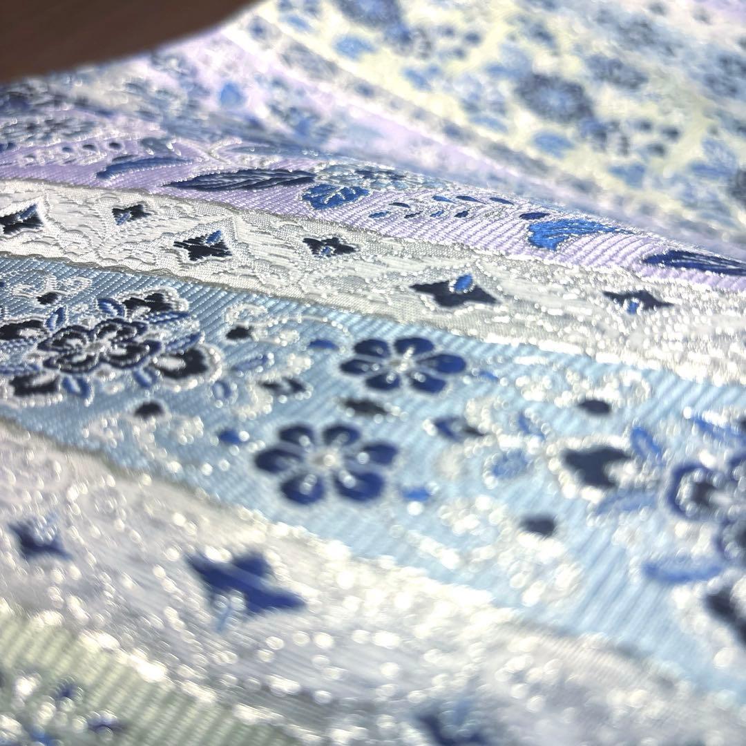 新品未使用品　正絹 西陣織 【2400織 藍染 横軸 花々】