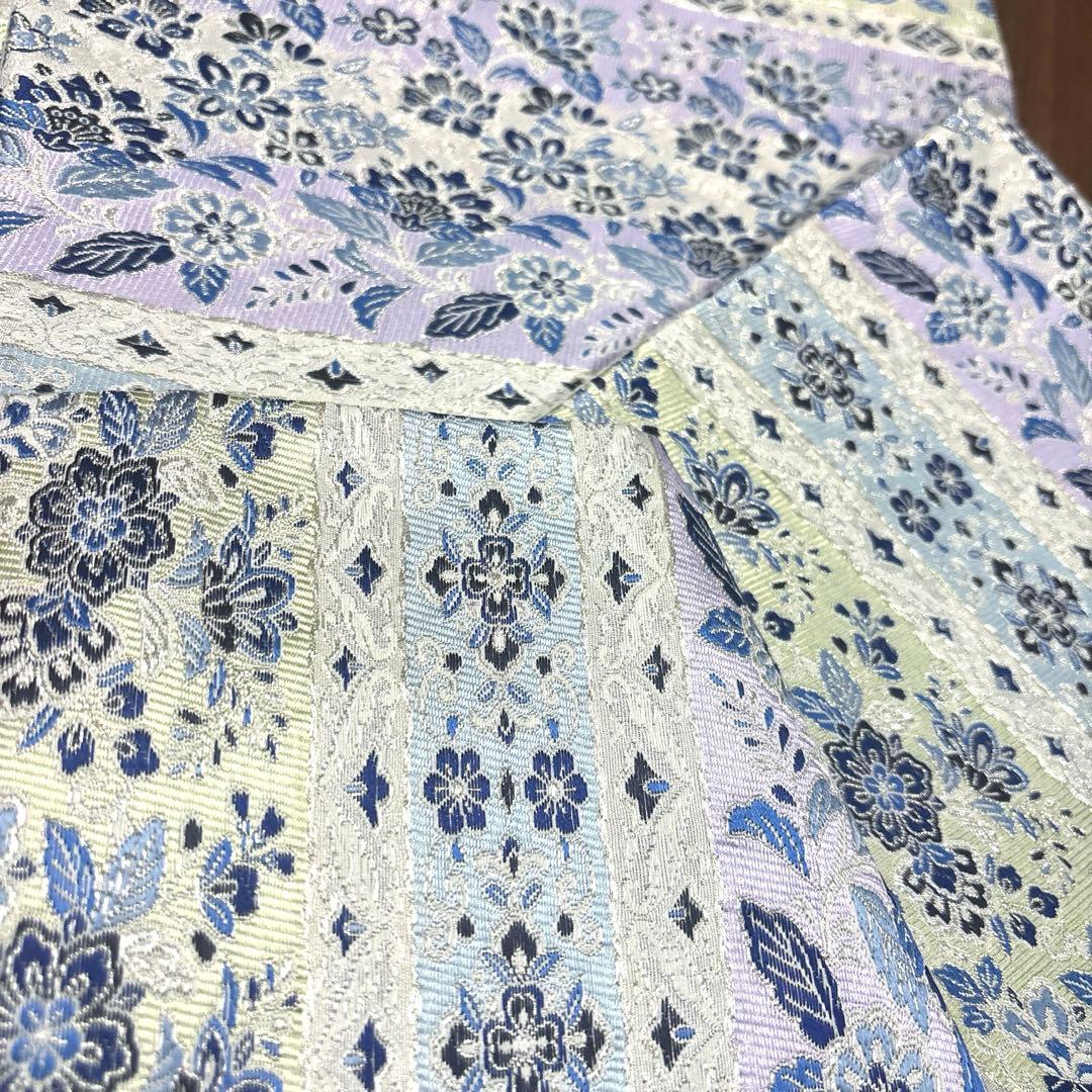 新品未使用品　正絹 西陣織 【2400織 藍染 横軸 花々】