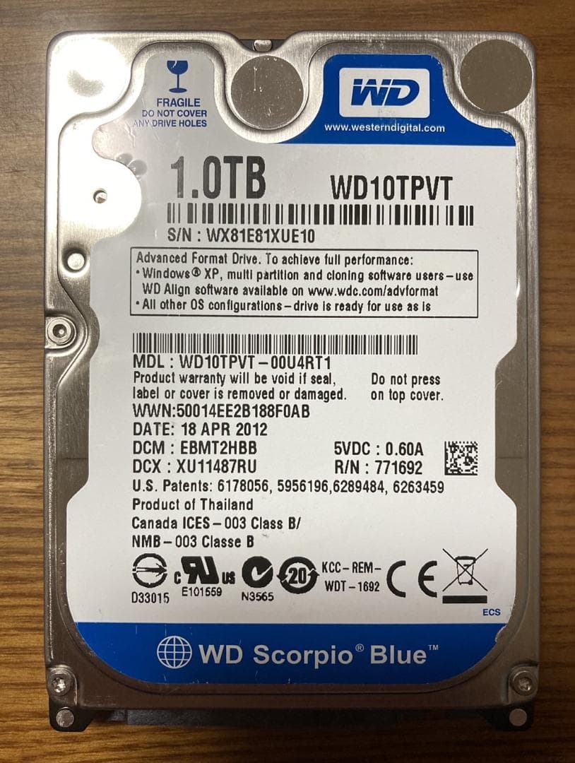 Western Digital WD10TPVT（2.5インチ HDD 1TB）