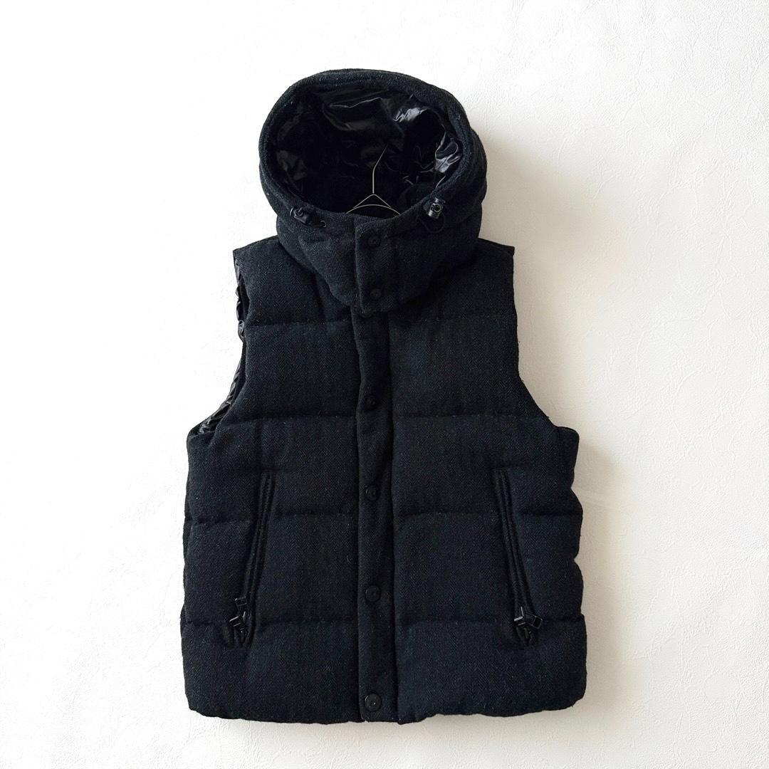 ナノユニバース 西川 ダウンベスト L フード ストライプ ブラック ウール
