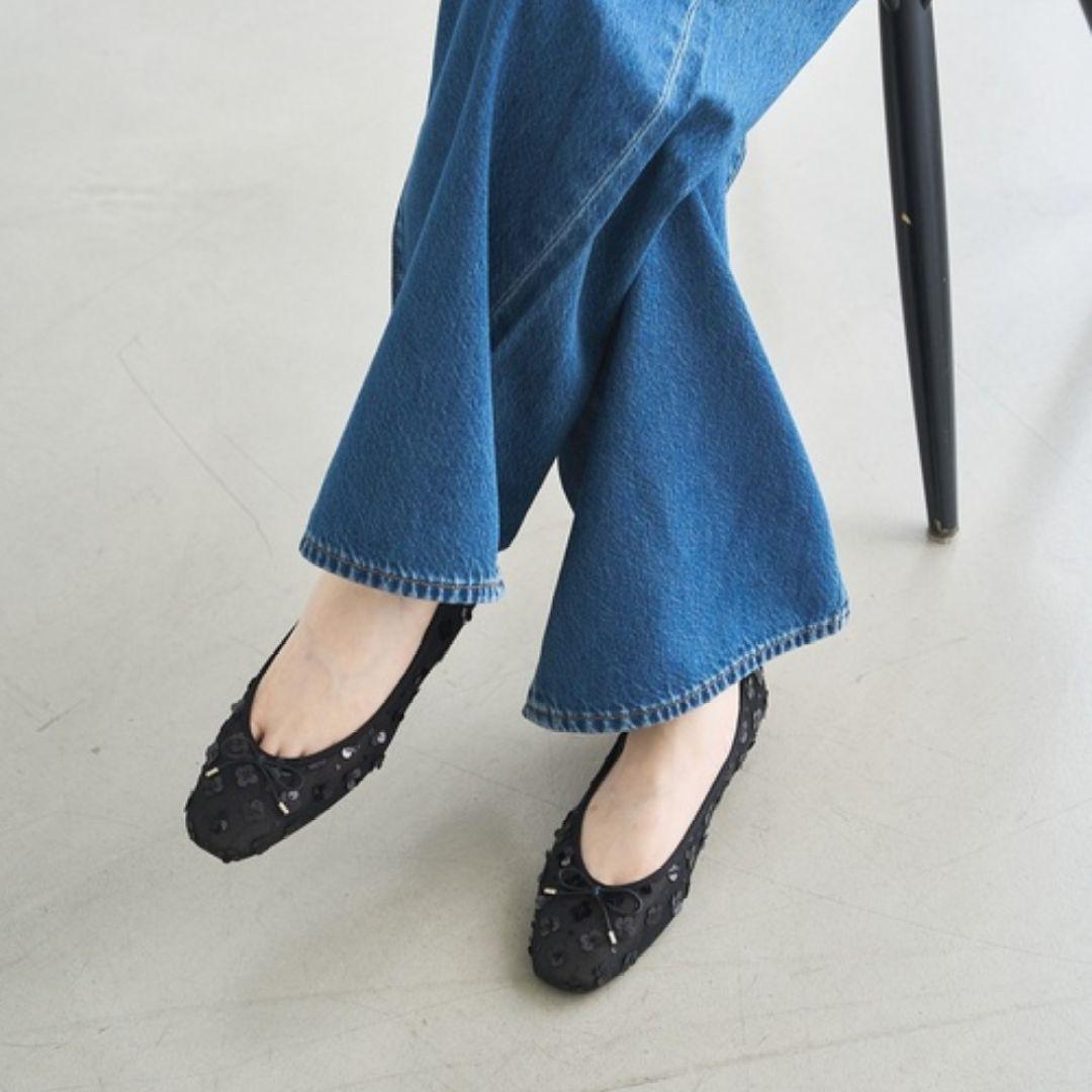 未使用級美品　ルタロン　フラワースパンコールバレエ　フラット　黒　日本製