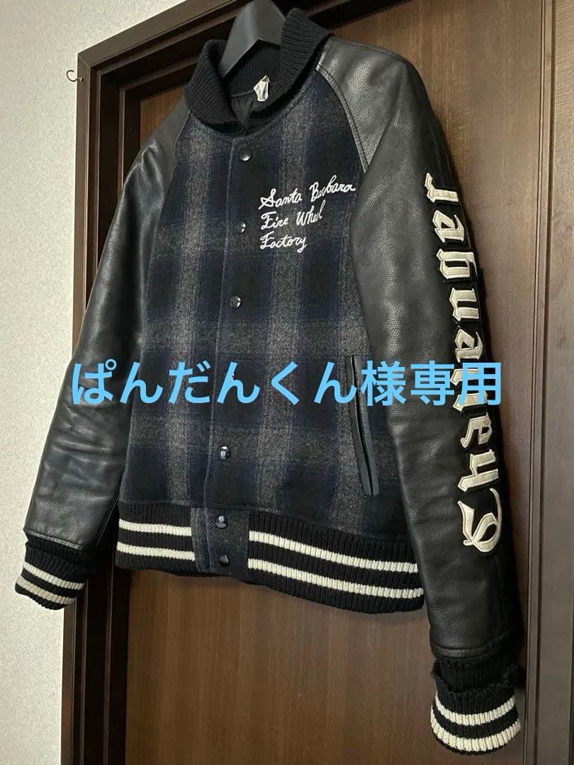 challenger スタジャン　レザー切り替え　オンブレチェック　紺　Mサイズ