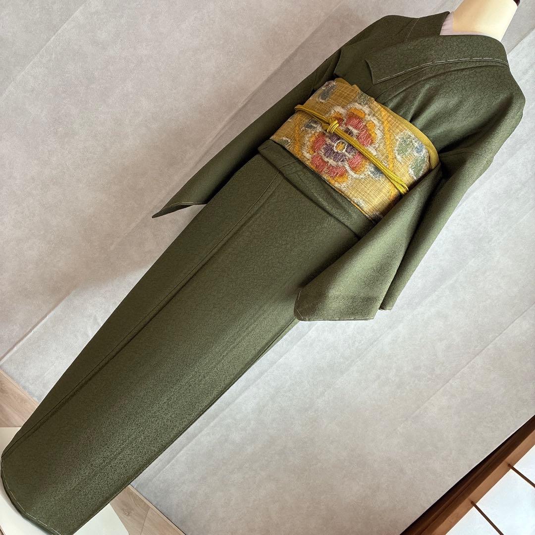 色無地　フルセット　着物　正絹　しつけ付き　ロング丈　灰緑　卒業式　入学式　J6