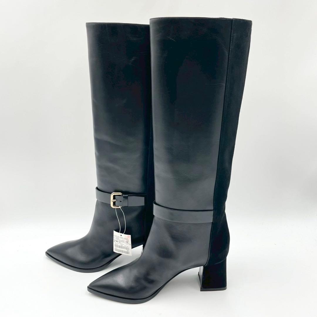 ポリーニ ロングブーツ ポインテッドトゥ 本革 36 黒 イタリア製 Y1138