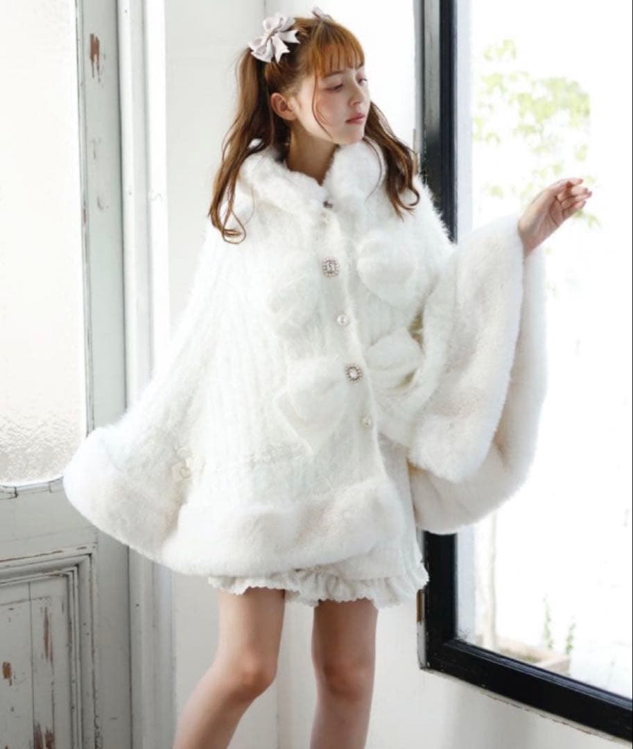 LIZLISA ダブルリボンニットファー ポンチョ