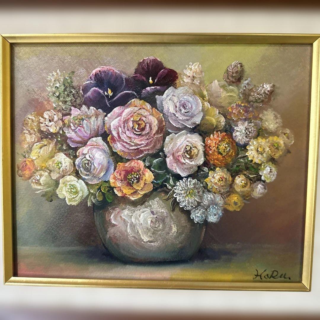 肉筆　真作　絵画　花瓶の薔薇の油彩画　美術品　ア-ト　インテリア　静物画
