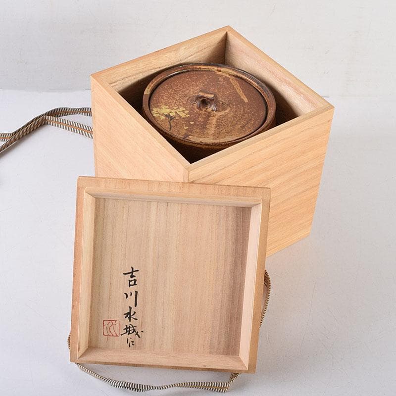 TM 益子焼　吉川水城作　金彩草文水指　共箱　C　7968