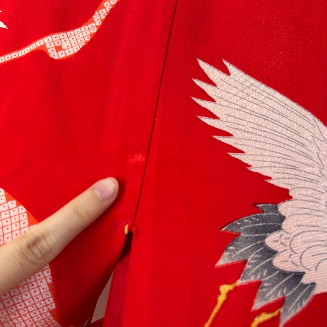 美品　正絹　長襦袢　着物　赤　鶴　124cm アンティーク　ヴィンテージ　レトロ
