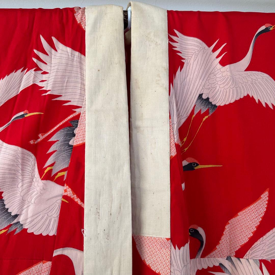 美品　正絹　長襦袢　着物　赤　鶴　124cm アンティーク　ヴィンテージ　レトロ