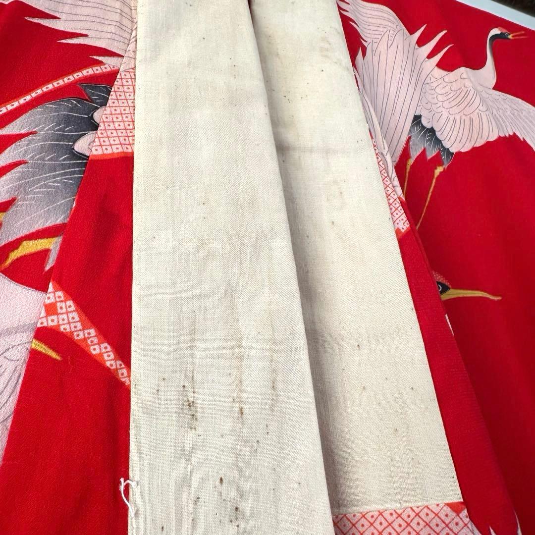 美品　正絹　長襦袢　着物　赤　鶴　124cm アンティーク　ヴィンテージ　レトロ