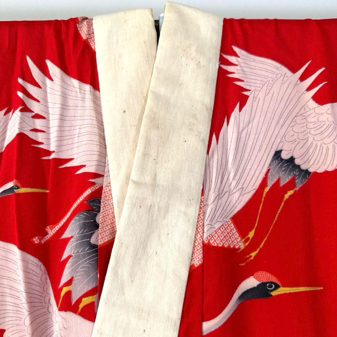 美品　正絹　長襦袢　着物　赤　鶴　124cm アンティーク　ヴィンテージ　レトロ