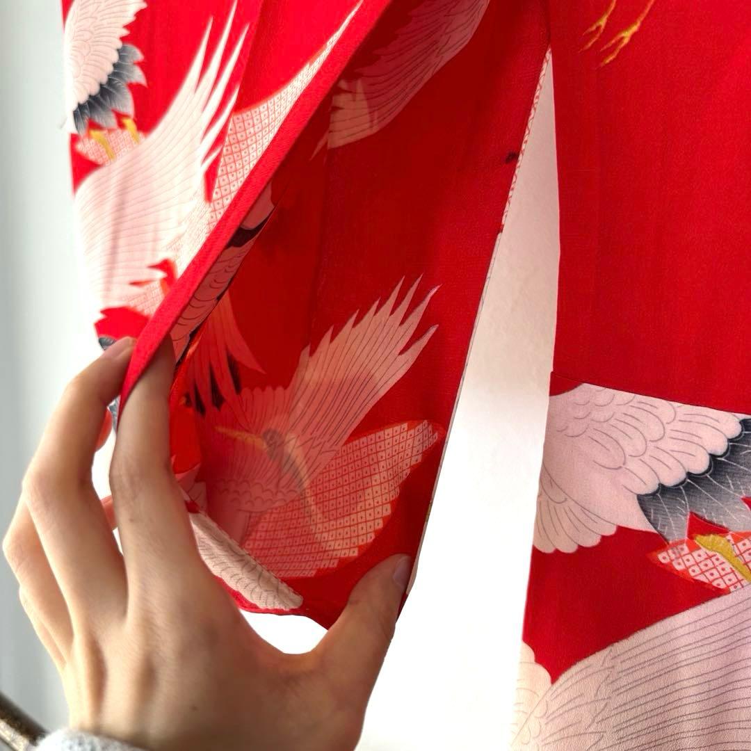 美品　正絹　長襦袢　着物　赤　鶴　124cm アンティーク　ヴィンテージ　レトロ