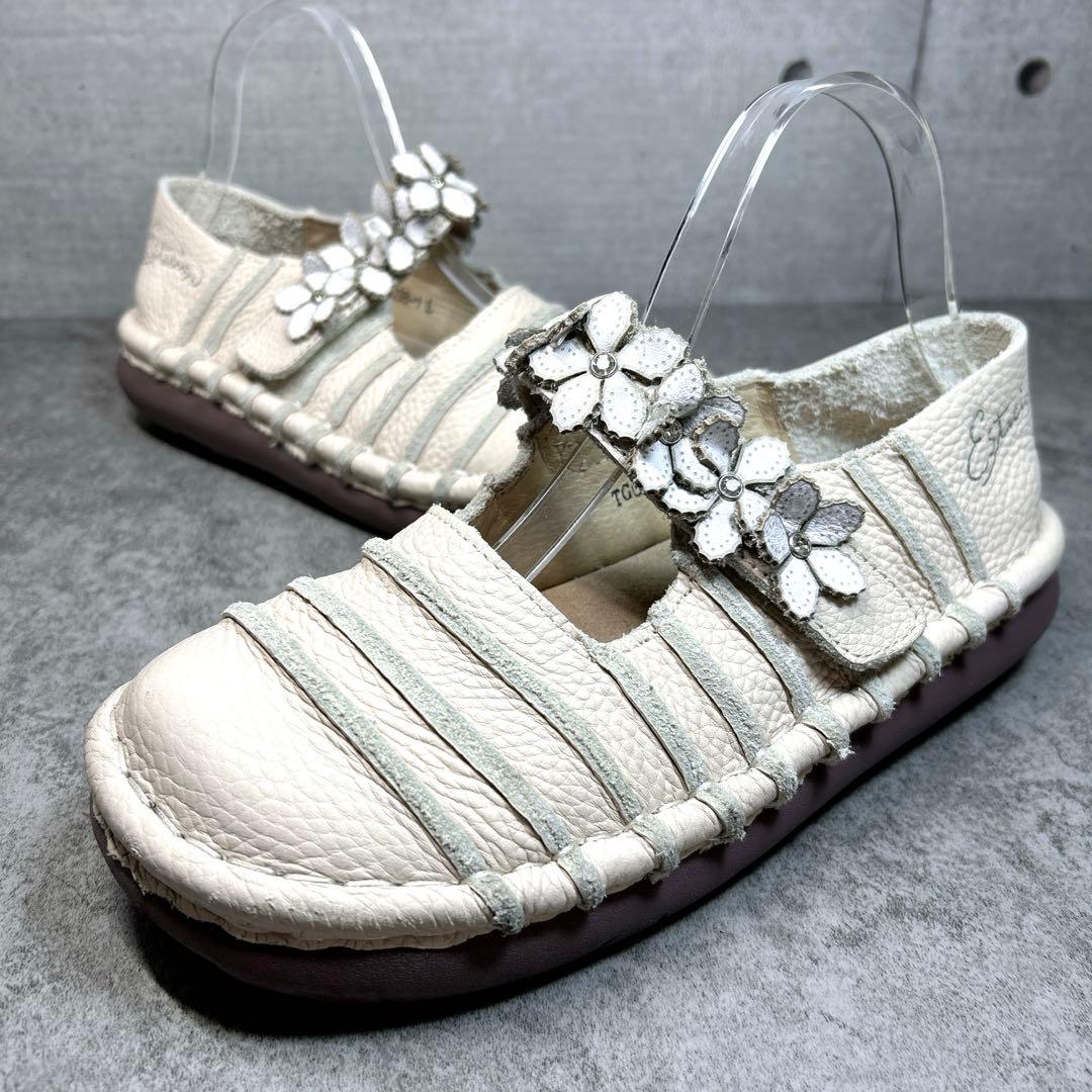 極美品【エスタシオン】お花 レザーメリージェーン/厚底/フラワー/ビジュー/幅広