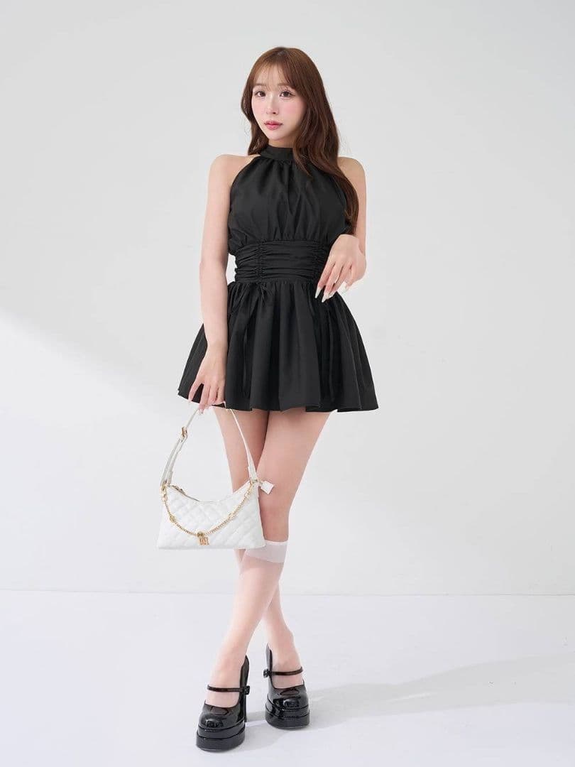 ダーリッチ アメスリギャザーフレアミニワンピース ブラック