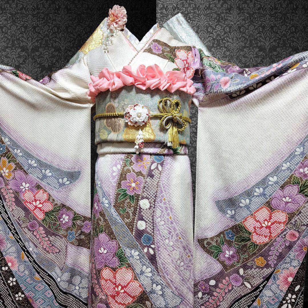 振袖フルセット(8点)・成人式・総絞り・エンボス加工・胴裏正絹・正絹・逸品