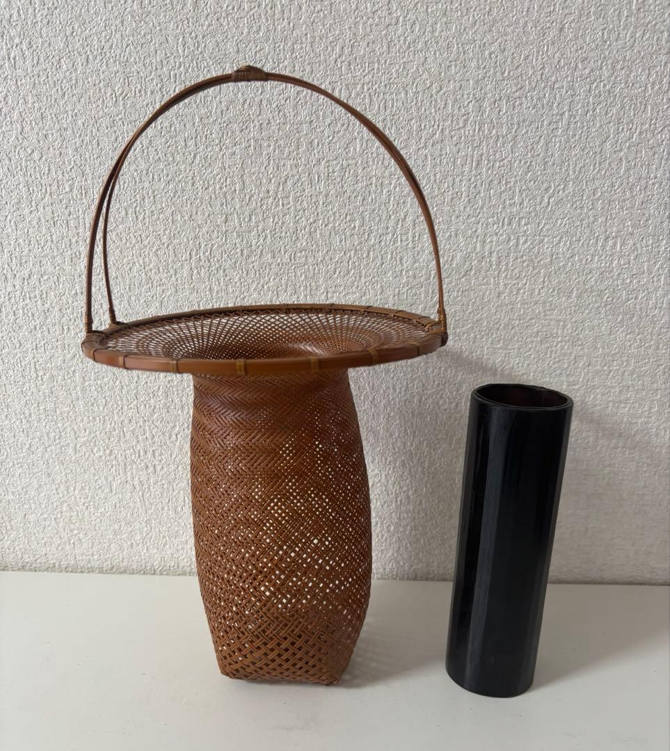 いけばな　茶花　花入　小原流　竹細工　林真光　在铭 竹編手付　花籠　華道具　花器