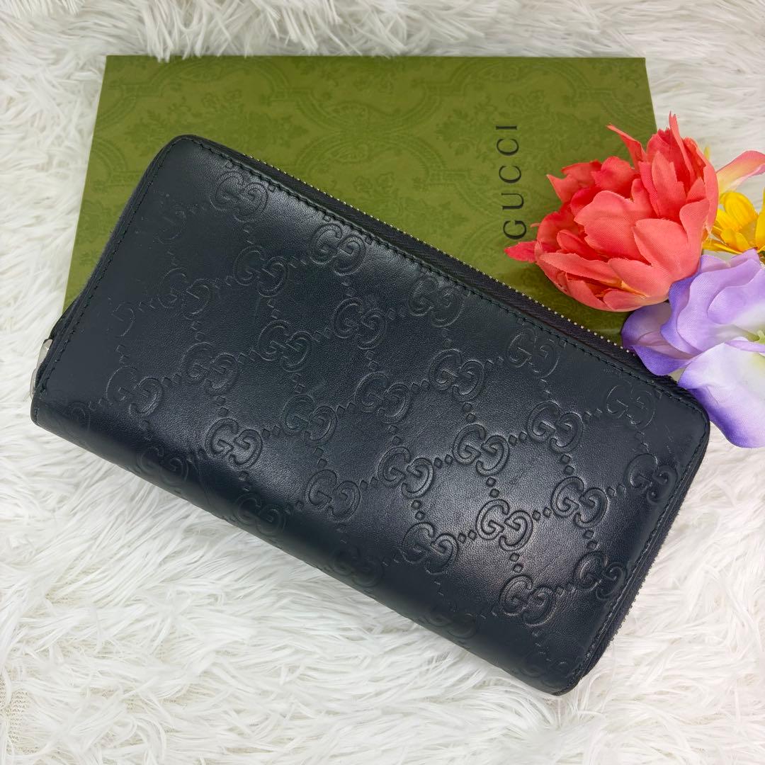 美品✨️グッチ　長財布　ラウンドファスナー　GG柄　シマ　レザー　ネイビー　紺