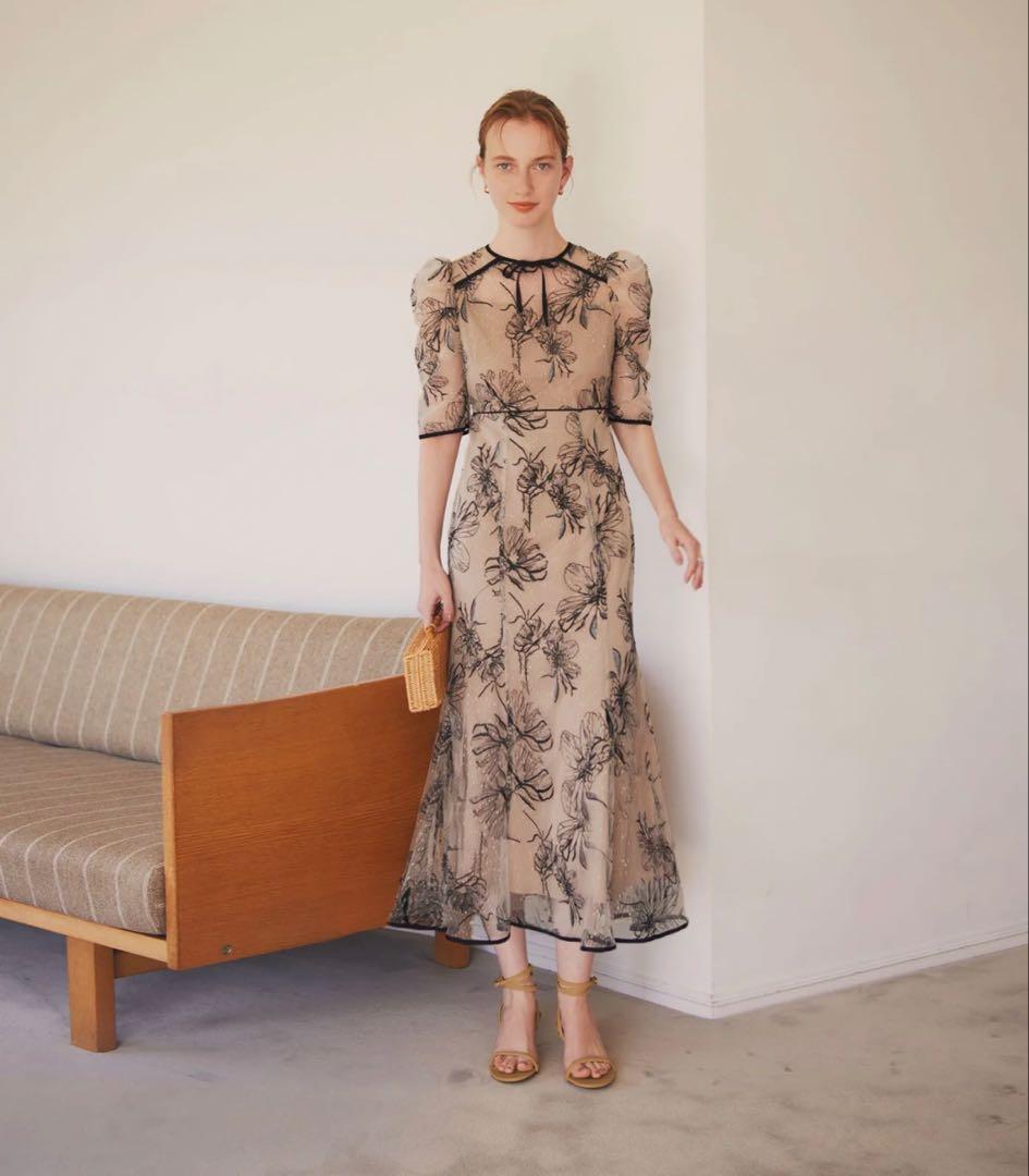 Leja 花柄リボンパフスリーブマーメイドワンピースドレス Mサイズ