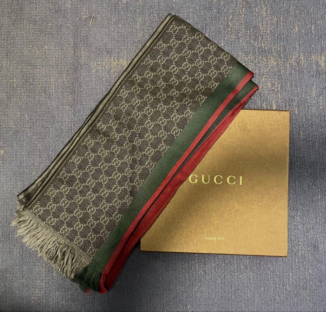 グッチ Gucci ストール マフラー チャコールグレー ウェビング 箱付き