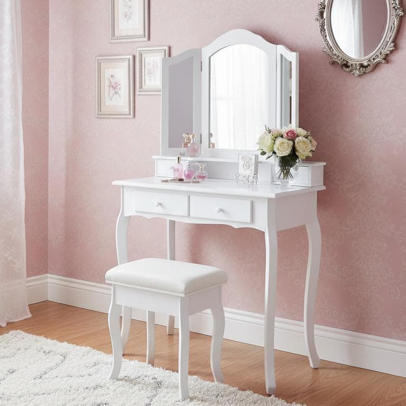 フォロー割【新品】三面鏡 ドレッサー スツール付き 姫系 猫脚 アンティーク調