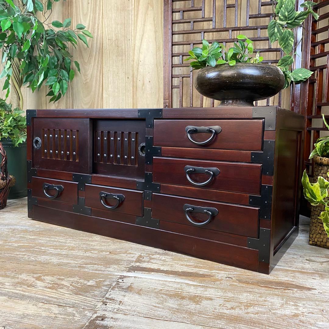 人気再入荷！民芸家具桐材天然無垢和引き戸付きチェスト横長テレビ台飾り棚収納和箪笥