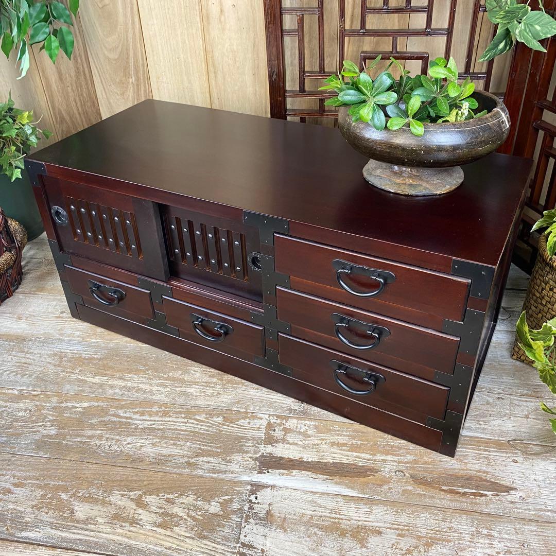 人気再入荷！民芸家具桐材天然無垢和引き戸付きチェスト横長テレビ台飾り棚収納和箪笥