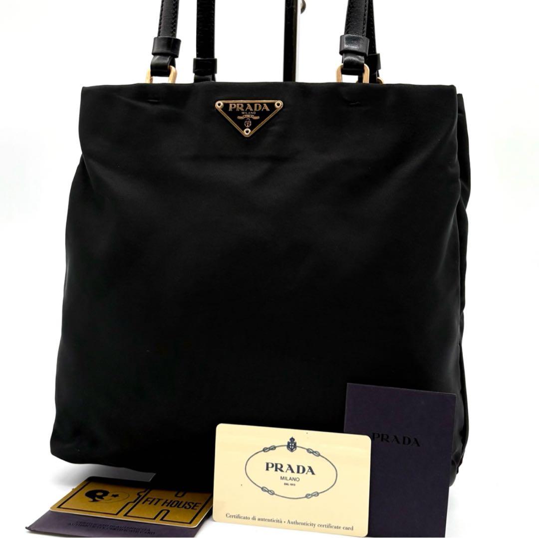 極美品✨プラダ トートバッグ ナイロン レザー 三角ロゴ ゴールド金具 ブラック
