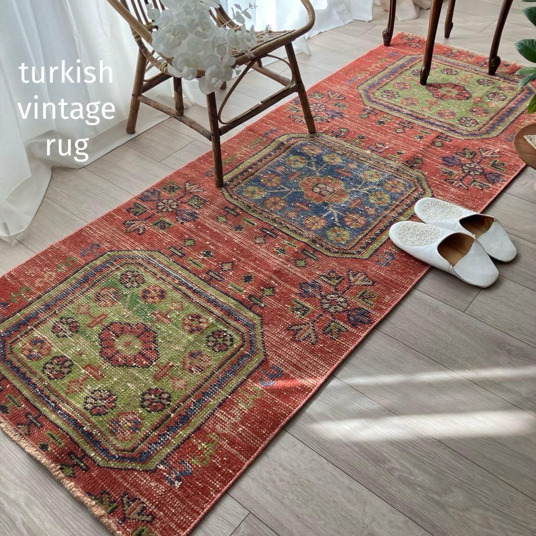 オレンジ3Box ブルー73×184 グリーン　魔除けD トルコヴィンテージラグ