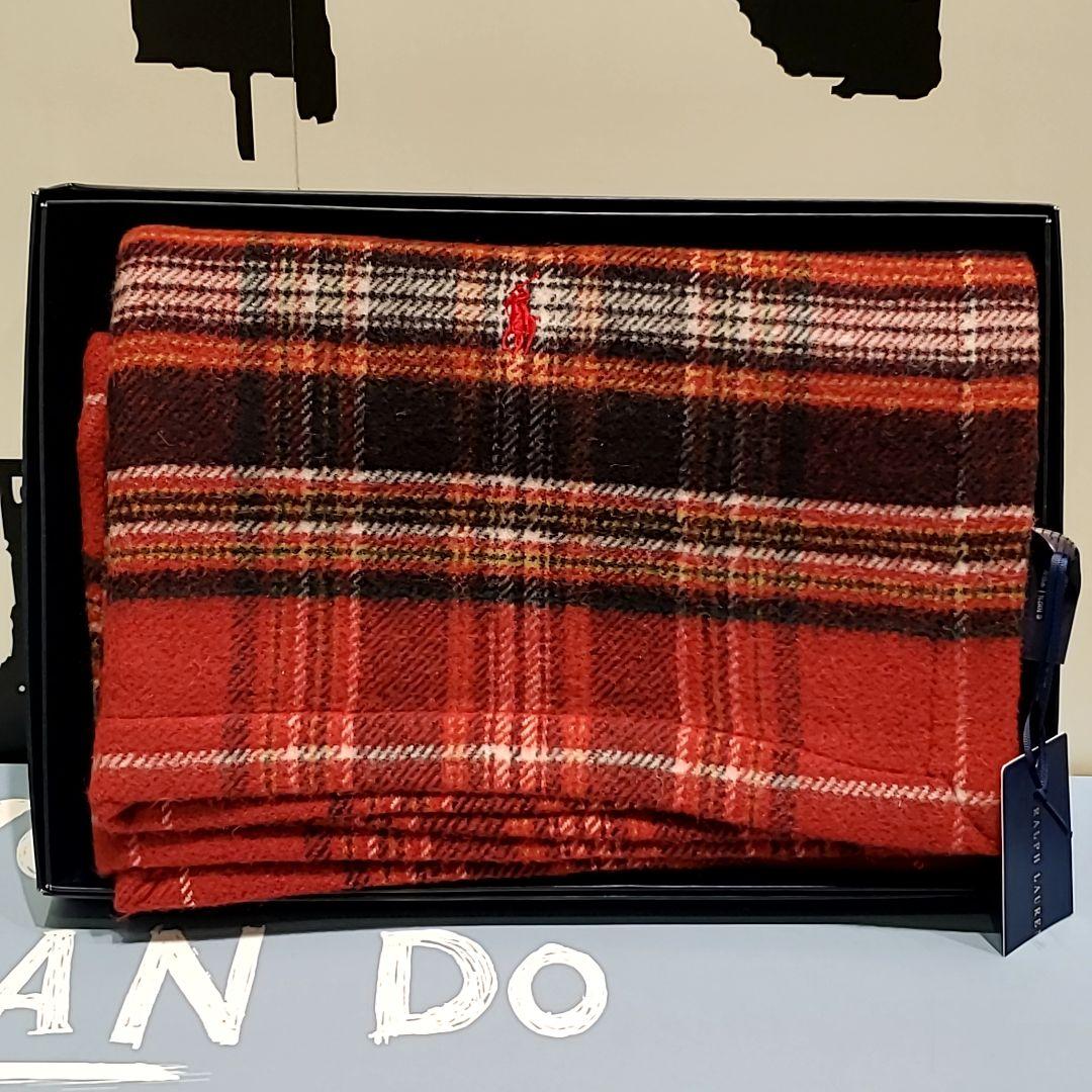 【新品】レア RALPH LAUREN ウールハーフブランケット レッド