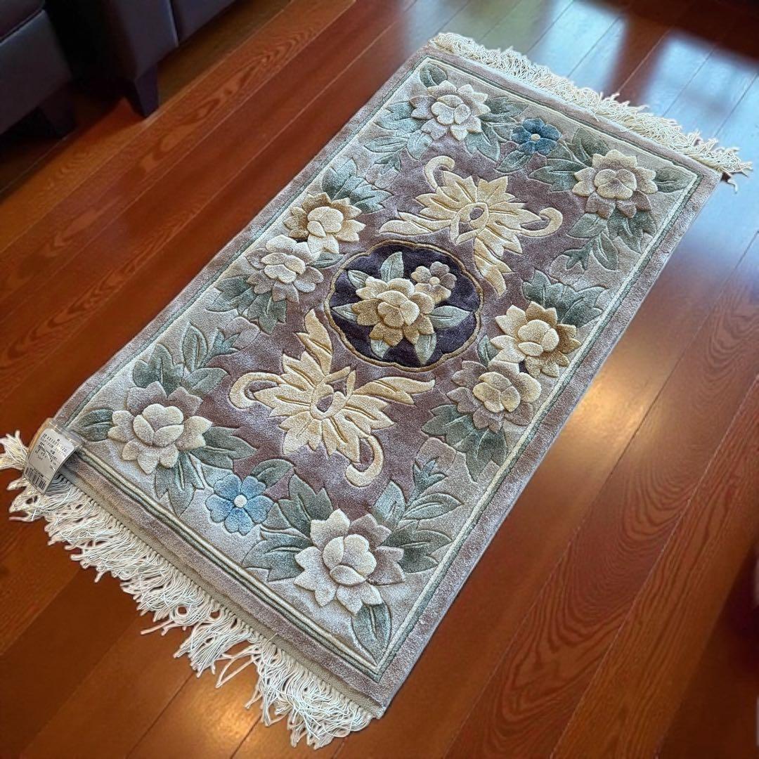 M503❀【未使用】中国段通 シルク100％ タグ付き 手織り絨毯 カーペット