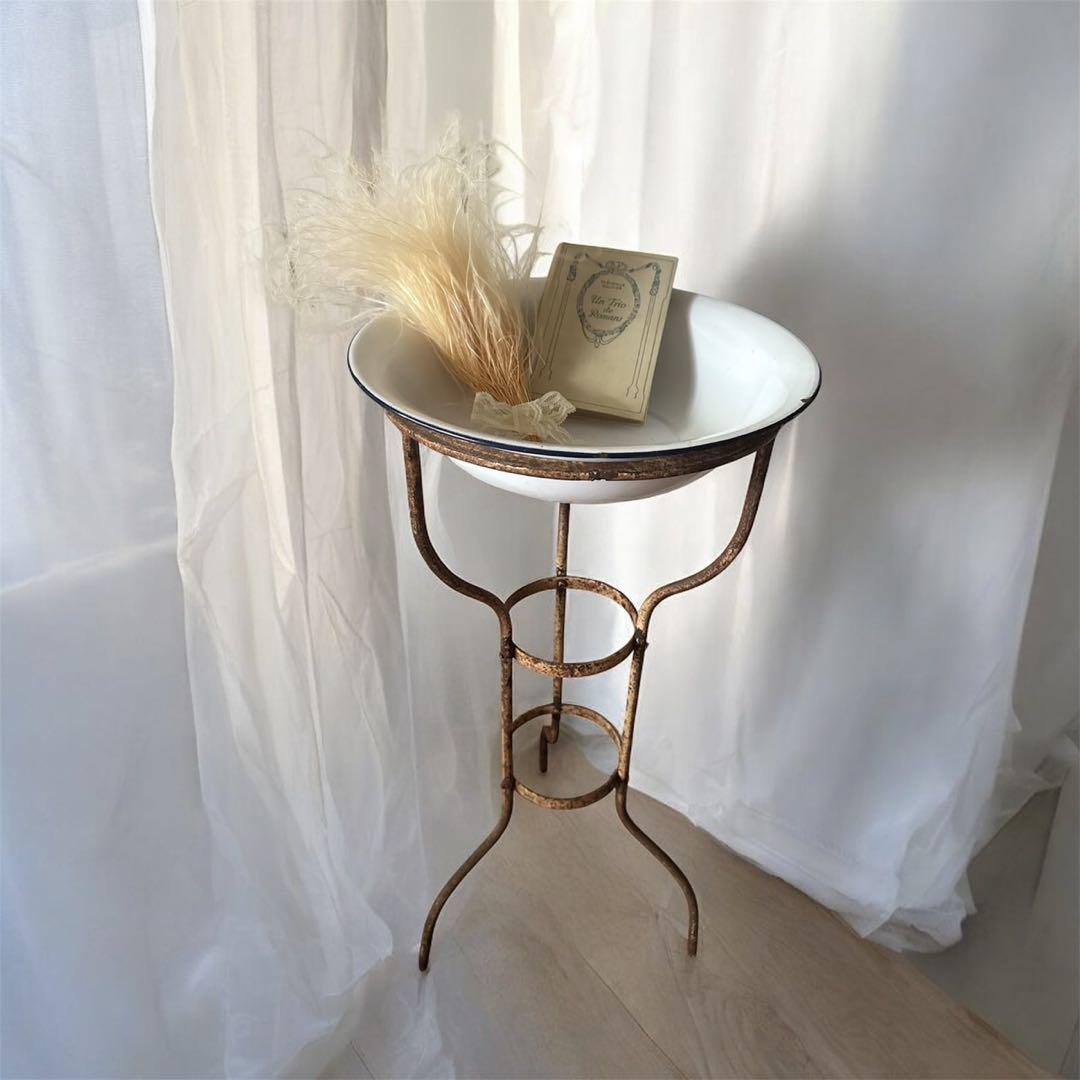 アンティーク ホーロー 洗面台　エナメルボウル 付き　三脚スタンド　琺瑯スタンド