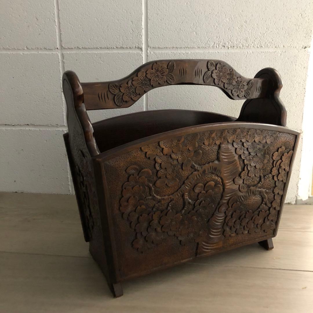 軽井沢彫り　マガジンラック　アンティーク　和風　工芸品　伝統工芸　桜