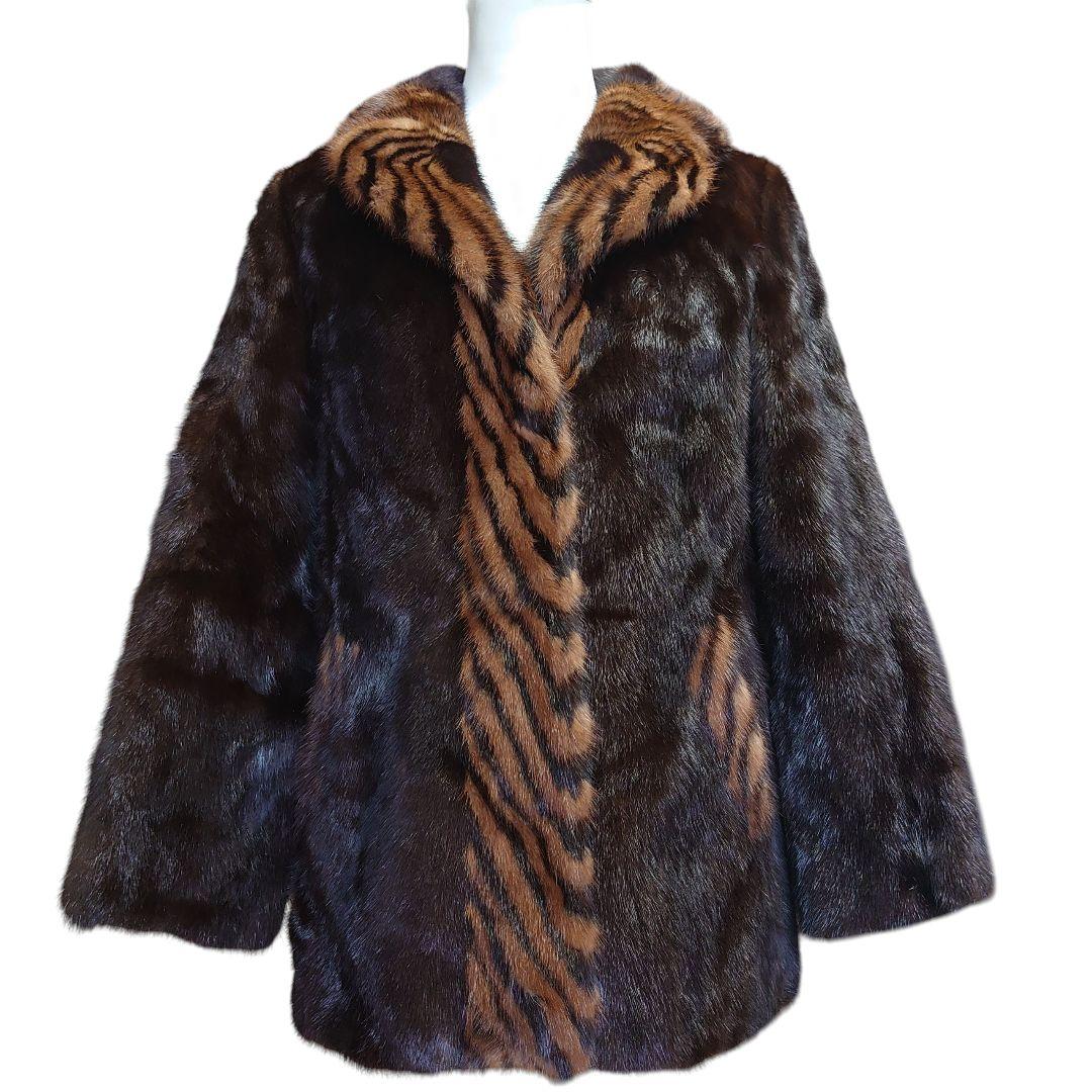 【美品】ミンク リアルファー 切り替え 毛皮ジャケット ミドルコート 11号