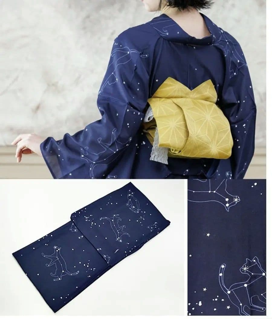速乾浴衣星座ねこ紺色猫柄洗える着物星柄夏着物水玉模様紺地ネコ柄ネイビー白ドット柄