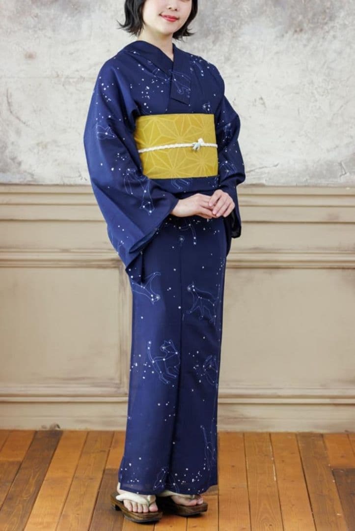 速乾浴衣星座ねこ紺色猫柄洗える着物星柄夏着物水玉模様紺地ネコ柄ネイビー白ドット柄