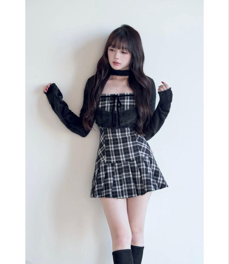 みなBunnyLis ファーボレロ×チェックミニワンピ ブラック Sサイズ