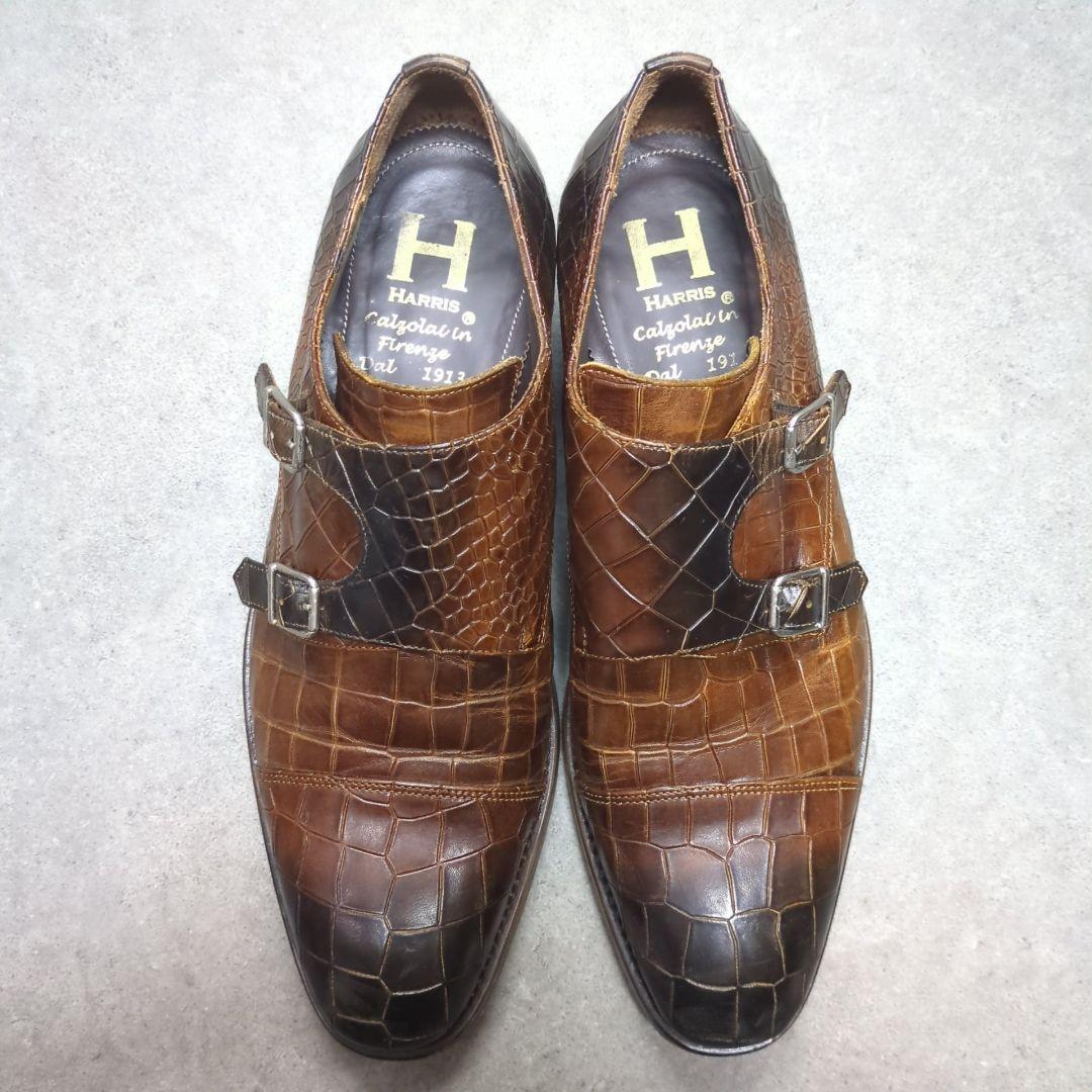 100周年限定　HARRIS ハリス クロコ柄 レザー ダブルバックルシューズ