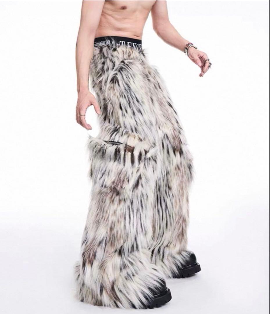 startexceedend 毛皮ファーレオパード カーゴワイドパンツ