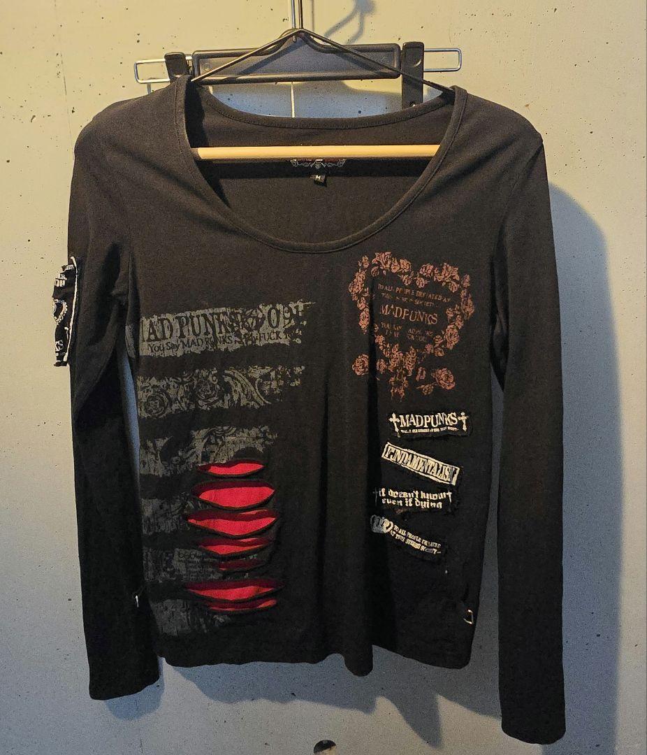 MAD PUNKS クロスプリント ダメージ ロングTシャ ツ黒