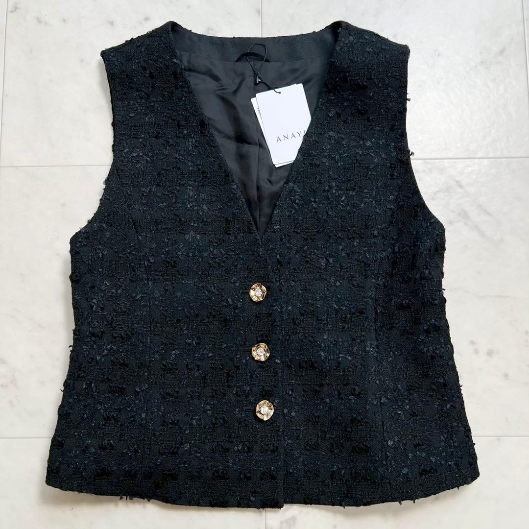 タグ付 ANAYI ミックスヤーンツイードショートジレ ブラック 36
