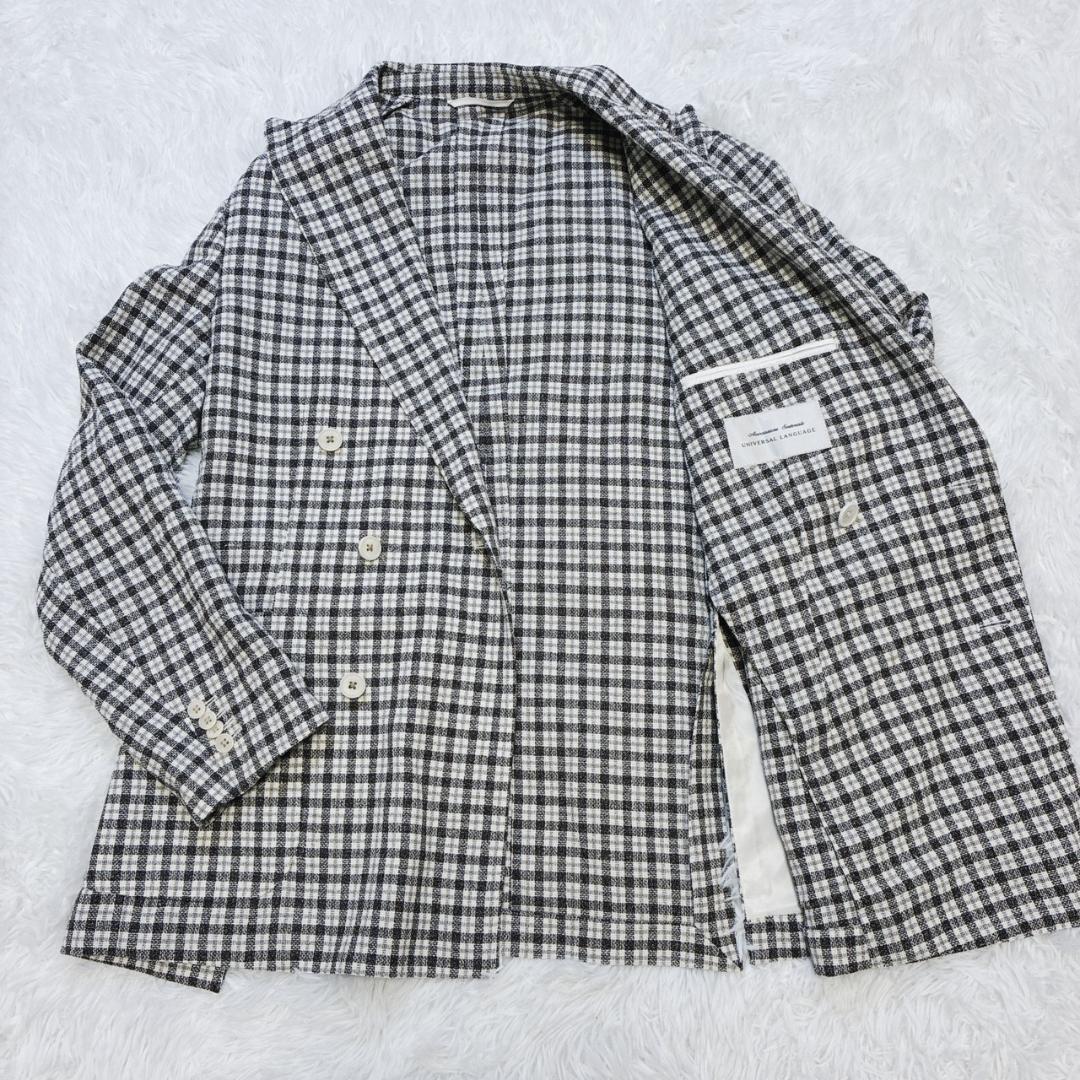 ユニバーサルランゲージ テーラードジャケット ダブル 絹 麻 ウール チェック