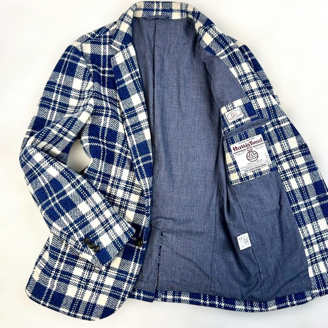ハリスツイード テーラードジャケット チェック M ネイビー 白 本切羽 ウール